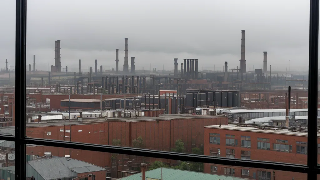 Blick auf die Düsseldorfer Industrie-Skyline vom Büro aus, Tablet zeigt AI-Act-Fristen für Hochrisiko-Systeme